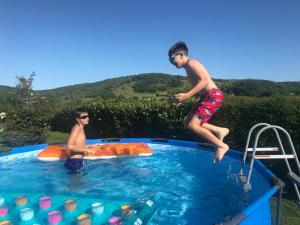 Dois rapazes a saltar para uma piscina. em Bluebell House 5 Star Holiday Let em Somerton