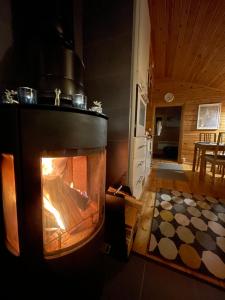 a living room with a fireplace in a house at Aurora mökki porealtaalla Lapissa Tenojoen rannassa in Nuorgam