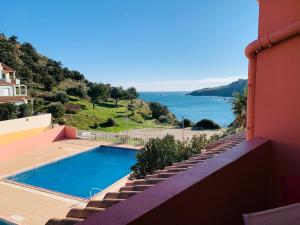 a swimming pool on the side of a building with the ocean at Appartement Vue Mer - 6 personnes in Cerbère