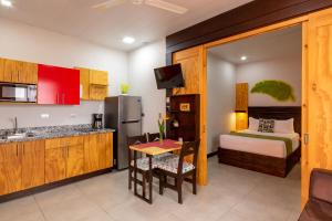 a room with a kitchen and a bedroom with a bed at Apartamentos Equipados RyA del Volcán in Fortuna