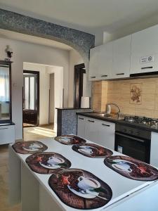 - une cuisine avec 4 assiettes sur un comptoir dans une pièce dans l'établissement Casa Bianca, à Câmpulung Moldovenesc