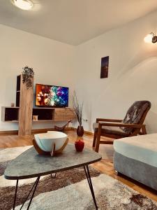 uma sala de estar com uma televisão e uma mesa em Apartmani Vila Goč em Goc