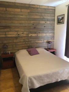 a bedroom with a bed with wooden walls and two tables at Airport Rio Segundo Studio in Alajuela City