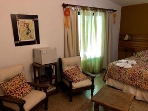 um quarto com uma cama, 2 cadeiras e uma janela em Hotel Complejo Najul Suites-Solo Adultos em Mina Clavero