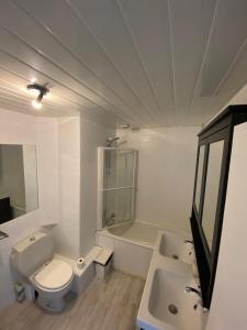 La salle de bains est pourvue de toilettes, d'un lavabo et d'une baignoire. dans l'établissement Chambre calme (Mars) - proche Paris et TGV, à Massy