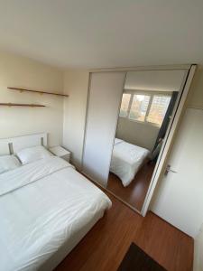 1 dormitorio con espejo grande junto a la cama en Chambre calme (Mars) - proche Paris et TGV, en Massy
