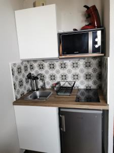 encimera de cocina con microondas y fregadero en Studio rénové Chamrousse, au pied des pistes., en Chamrousse