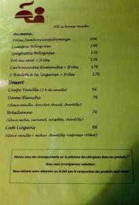 uma página de um menu para um restaurante em B&B Chambre d'hôtes de la Vecquée em Stoumont