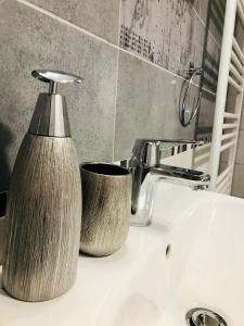 a soap dispenser sitting on top of a bathroom sink at MONCLER RESIDENCE in Braşov