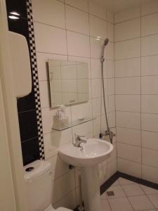 屏東市的住宿－台輪時尚旅店，一间带水槽、卫生间和镜子的浴室