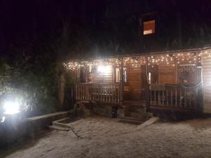 a cabin with christmas lights on it at night at Holiday Home La Vіta in Yaremche
