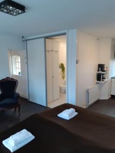 ein Zimmer mit einem Bett und einer Glasschiebetür in der Unterkunft B&B ByBoukje in Eernewoude