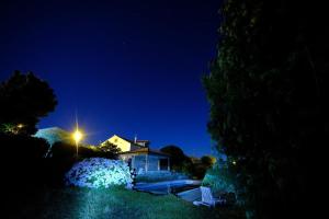 a house lit up at night with a street light at Beautiful 10-Bed Cottage in Celorico with Pool in Celorico da Beira