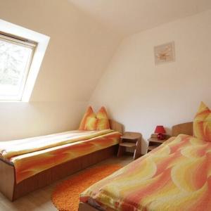 1 dormitorio con 2 camas y ventana en Csermely Panzio, en Izvoru Mureşului