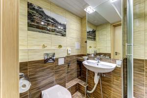 uma casa de banho com um lavatório e um WC em Stony Island Hotel em São Petersburgo