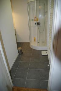 baño con ducha y suelo de baldosa. en Maison hyper-centre Bagnères de Luchon en Luchon