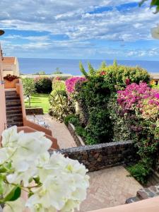 a view of a garden with flowers and the ocean at Villa Egea, elegante villa Eoliana dell'800 immersa in un curato giardino in Malfa