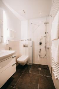 a bathroom with a shower and a toilet and a sink at Romantik Hotel Schloss Hohenstein in Ahorn