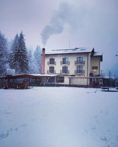 a large building in the snow with a snow covered yard at Maison Platanus in Voineasa