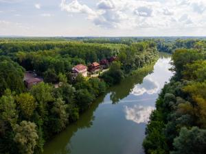 een luchtzicht op een rivier met huizen en bomen bij Eco-hotel Lel' in Oefa