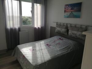 1 dormitorio con 1 cama y 2 ventanas en gite repos et tranquillité P, en Cayeux-sur-Mer