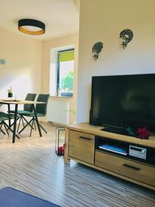 un soggiorno con una grande TV a schermo piatto di Haus Rose a Ribnitz-Damgarten