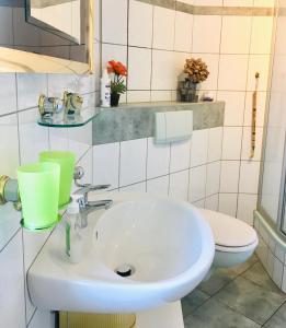a bathroom with a white sink and a toilet at Haus Rose in Ribnitz-Damgarten