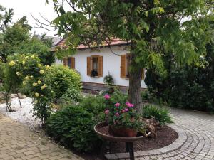 uma casa com uma árvore e flores à frente dela em Romantikchalet em Breitenbrunn