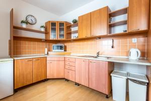 kuchnia z drewnianymi szafkami i zegarem na ścianie w obiekcie Boží Dar 95 w mieście Boží Dar +11 zdjęć