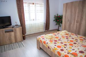 a bedroom with a bed with a polka dot blanket at Casa Stefania 1 in Călimăneşti