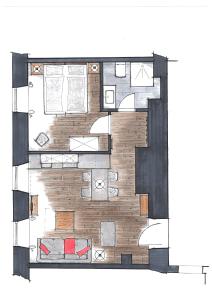 een tekening van een plattegrond van een kamer bij Ferienwohnungen im Gasthof Stern inklusive KönigsCard in Unterammergau