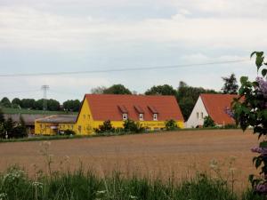una casa amarilla en una granja en Ferienwohnungen "Zur Schamper Mühle" Gotthun, en Gotthun