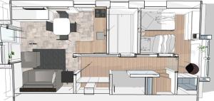 a drawing of a living room with a table at Domizil Strandläufer in Wenningstedt +10 photos