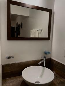 a bathroom with a white sink and a mirror at Hotel Los Valles in Creel
