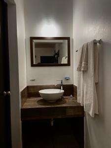 baño con lavabo y espejo en Hotel Los Valles, en Creel
