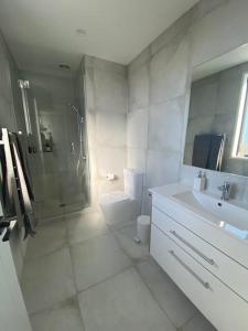 a bathroom with a shower and a toilet and a sink at Dune View Accommodation in Mangawhai