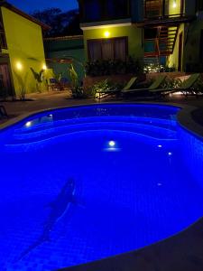 a swimming pool lit up at night with a dolphin in it at The Madalena Pousada in Imbassai