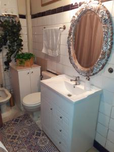 een badkamer met een wastafel, een spiegel en een toilet bij Casa dos Leones in Santiago
