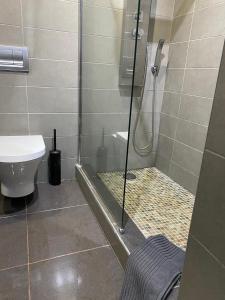 a bathroom with a shower and a toilet at Deluxe apartment in Albufeira old town, 200m walk to beach, pool parking in Albufeira +11 photos