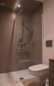 uma casa de banho com uma cabina de duche em vidro e um WC. em B&B Den Boomgaard Moorsel em Moorsel