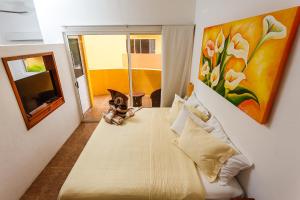 a bedroom with a large bed with a dog sitting on it at Kaam Accommodations in Puerto Morelos