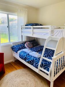 two bunk beds in a room with a window at Kanasta Caravan Park in Rye