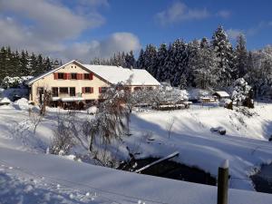 ein Haus in einem schneebedeckten Hof mit Bäumen in der Unterkunft La Belle Charbonnière in La Grande Fosse