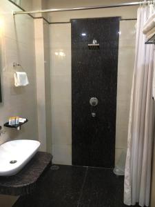 a bathroom with a shower and a sink at Hotel Ozas Grand in Varanasi