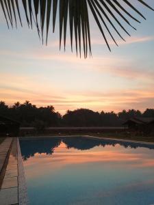 Blick auf den Pool bei Sonnenuntergang in der Unterkunft Radhika Eco Resort(Odonata) in Arambol