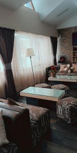 班斯科的住宿－奧林匹酒店，客厅配有两张床和一张桌子