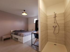 1 dormitorio con cama y ducha en Villa 5 chambres - 3 salles de bain en Étampes-sur-Marne