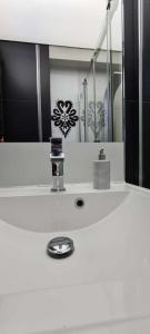 eine Badezimmertheke mit einem Spiegel und einem Waschbecken in der Unterkunft Apart Orkana 10D Zakopane in Zakopane