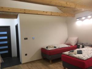 2 Betten in einem Zimmer mit Holzdecken in der Unterkunft Zahradní dům in Bělkovice