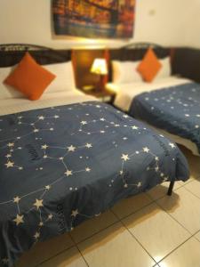 溫泉村的住宿－知本溫泉禾平的家 ，一间设有两张床的客房,配有蓝色的星空毯子